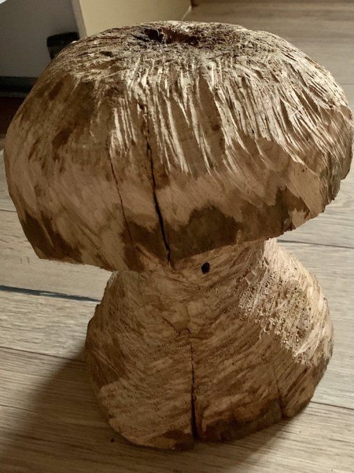 champignon en bois, taillé dans la masse et sculpté à la tronçonneuse